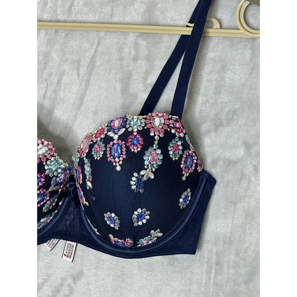 Victorias Secret Dream Angels‎ Navy Blue Bejeweled Embroidered Push Up Bra 34D